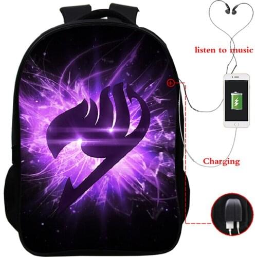 Fairy Tail Backpack USB Charge Backpack Teens School Bag Girls Boys Students Shoulder Bag USB Charging Zipper Bookbag Travel Bag