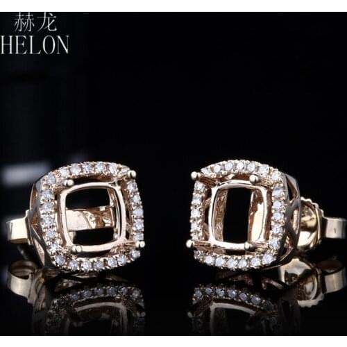 HELON 5mm-6.75mm Cushion Cut Solid 14K AU585 Yellow Gold Natural Diamond Semi Mount Stud Earring For Women Fine Jewelry