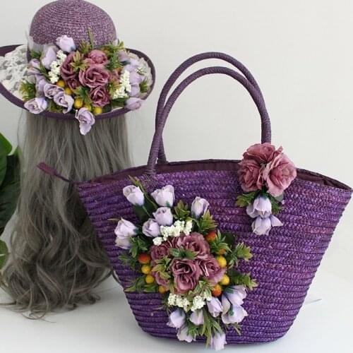 Summer Straw Flower Beach Bag Fashion Women Rattan Weave Handbag Hat Suit Sunscreen Vacation Holiday Romantic Purple Totes