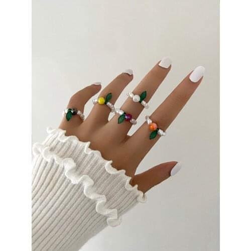Stillgirl 5Pcs Boho Pearl Multi Color Fruit Rings for Women Kpop Cute Geometric Set Female Y2k Fashion Jewelry Bijoux Femme Anel