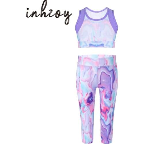 Kids Girls Ballet Dance Gymnastics Outfits Workout Tracksuits Sleeveless Tie-Dye Tanks Crop Top With Leggings Cropped Pants Sets