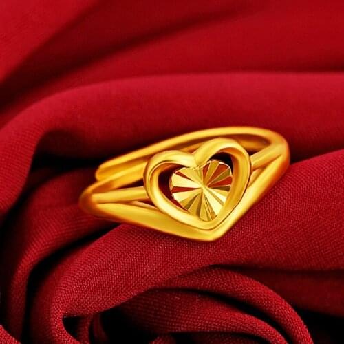 Heart Shaped 24K Yellow Gold Open Rings for Women Bride Wedding Engagement Sand Gold Ring Wedding Birthday Fine Jewelry Gifts