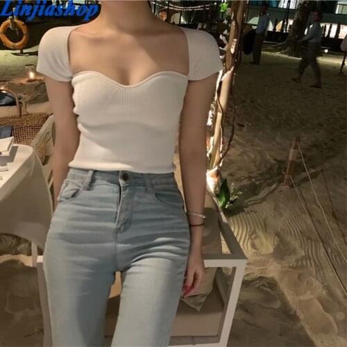 Spring summer women sweater knitted pullover solid short sleeve slim white black korean style femme vestidos