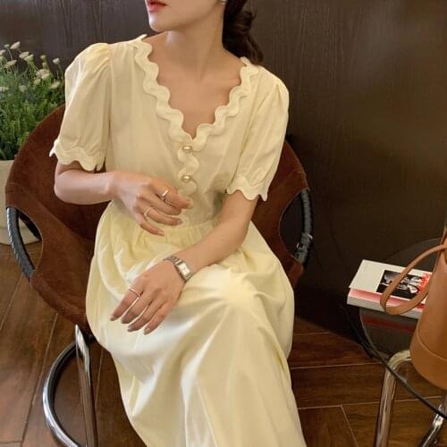 2021 New Women Summer Elegant Beige Long Shirt Dress Pearl Buttons Wave Cut V Neck High Waist A-line Slim Sundress