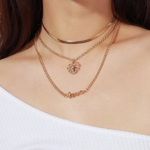 Boho Heart Flower Choker Necklaces For Women Girl Statement Multilayer Hollow Cross Necklace Love Female Jewelry Wholesale