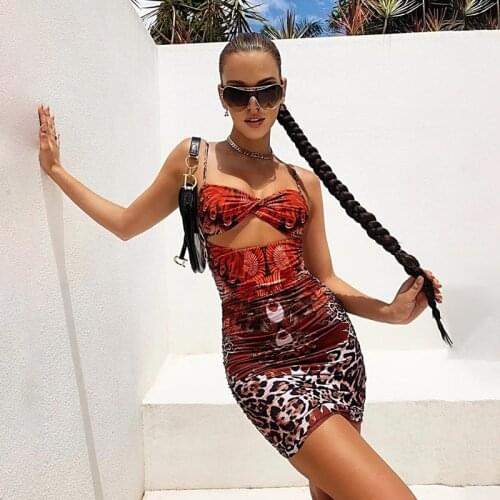 Women Close-fitting Slip Dress Leopard Printed Pattern Sleeveless V-neck Hollow Spaghetti Strap Mini Dress S/ M/ L