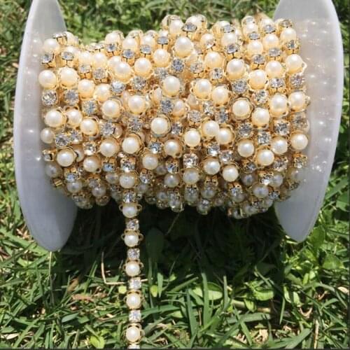 10 yards/lot wholesale gold crystal rhinestone cup chain silver pearl chain for dress garment decoration thin strass chain trims