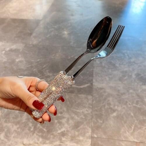 2 Piece Stainless Steel Diamond Tableware Fork Spoon Sets Western Food Student Household Kitchen Party Dinner Travel Tools