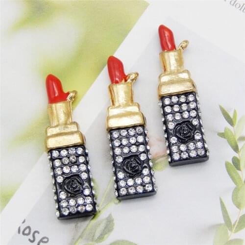 2pcs Jewelry Charms Lipstick Enamel Charms Crystal Pendant 37*11mm Crystal Statement Handmade Jewelry Necklace Diy Charm Pendant