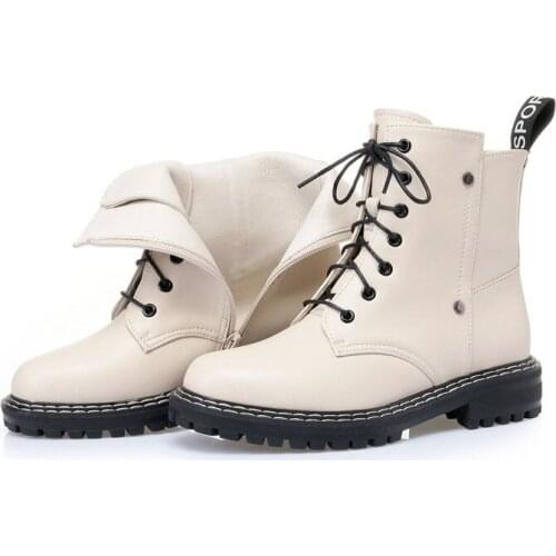 2020 Autumn Womens Short Boots Genuine Leather Thick Heel Leather Boots Non-Slip Ladies Martin Boots Botas De Mujer Size 35-43