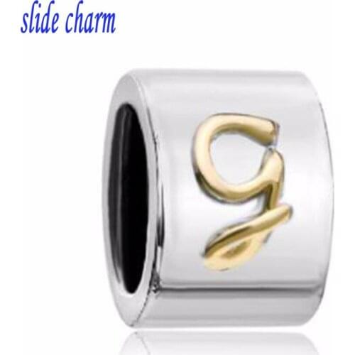 Slide charm Free shipping Cylindrical Shaped Letter Initial G Alphabet Two Tone Plated Beads Charms Bracele fit Pandora bracelet