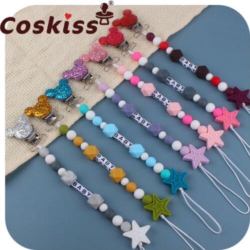 Coskiss New Baby Silicone Nipple Clip Nipple Chain, Baby Teething and Molar Prevention Chain, Mickey Head Star Nipple Chain