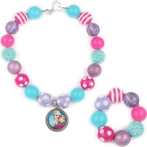Girls Love Fro.zen Princess Pendant Acrylic Beads Strand Bracelet Bangle Chunky Necklace Sets Summer Joker Color Blocking WX1651