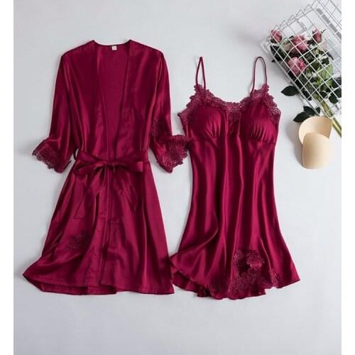 Bride Bridesmaid Wedding 2PCS Robe Set Sexy Satin Lace Kimono Gown Thin V-Neck Strap Sleepwear Casual Bathrobe Solid HomeDress