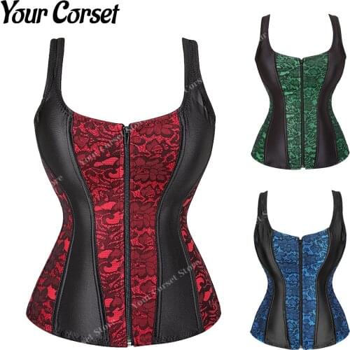 Corset With Straps Overbust Corset Sexy Lace Plus Size Women Vintage Corset Top Bustier Lace up Front Zipper Jacquard Tops