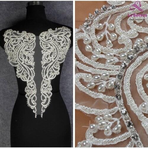 La Belleza beautiful large piece handmade pearls crystal Rhinestone patch wedding dress applique accessories or without beaded