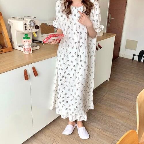 Vintage Print Summer Nightgown Women Ruffles Short Sleeve Casual Cotton Long Sleepwear Loose Kawaii Home Clothes Sweet