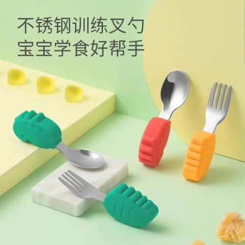 Childrens silicone short handle baby training meal fork spoon set infant learning tableware