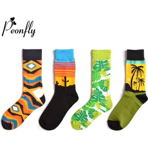 Peonfly Personality Autumn Leaf Feather Coconut Tree Colorful Landscape Pattern Man Stripes Ventilation Cotton Socks