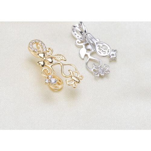 S925 Sterling Silver Flower&Bee Design Pendant Holder Silver&Gold Color Leaf Baroque Pearl Pendant Components 3Pcs/Lot