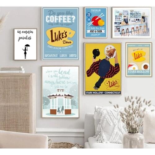 In Omnia Paratus Prints Gilmore Girls Tv Show Poster , Watercolor Lukes Diner Interior Print Canvas Painting Wall Art Decor
