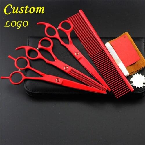 Custom 4 kit Professional japan RED pet 7 inch shears dog grooming hair scissors cutting thinning barber hairdressing scissors