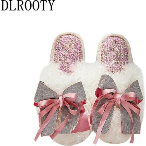 Women Slippers Winter Warm Indoor Flip Flops New Fashion Butterfly-knot Silent Non-slip Shoes Female Slides Flat Casual