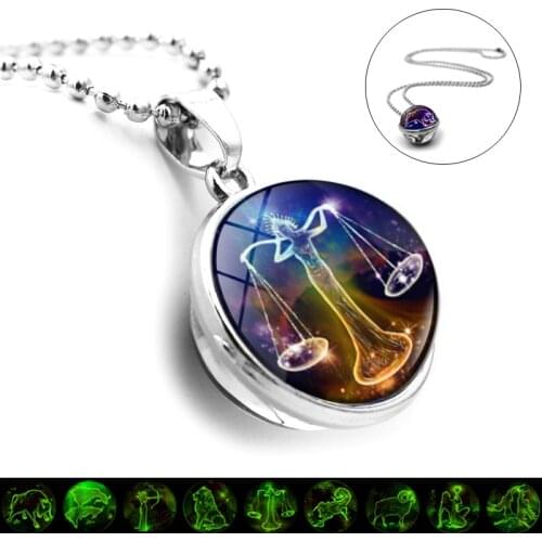 Luminous 12 Zodiac Signs Necklace Double Sided Glass Ball Pendant Gemini Virgo Cancer Aries Constellation Necklace Birthday Gift