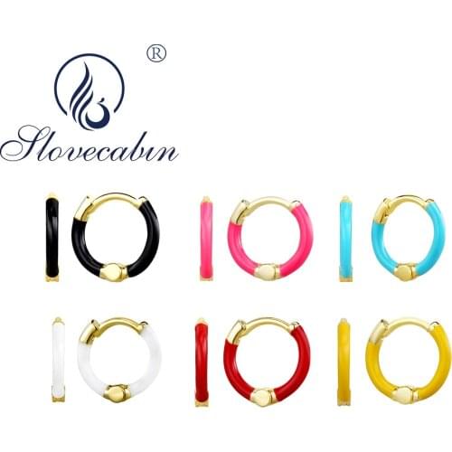 Slovecabin Real 100% 925 Sterling Silver Colorful Small Enamel Huggies Hoop Earrings For Women Multicolor Circle Piercing Ear