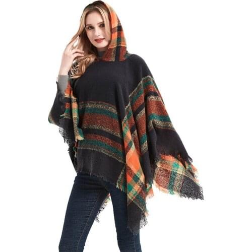 Women Autumn Winter New Hooded Ponchos Capes Thick Warm Tassel Striped Shawl Scarf Pashmina Cloak Travel Tippet Christmas Gift