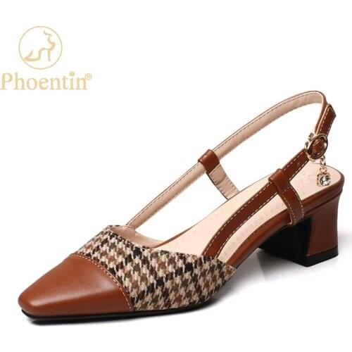 Phoentin woman Retro plaid slingback Pumps Mid heel shoes 2021 summer Elegant large size 34-43 Cover Toe Brown sandals FT1544