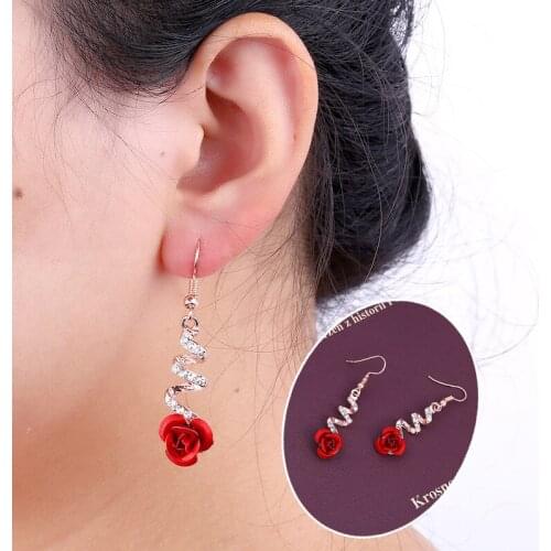 Vintage Red Rose Flower Gold Earrings Crystal Rhinestone Long Flower Dangle Drop Earrings Women Gifts Wedding Jewelry