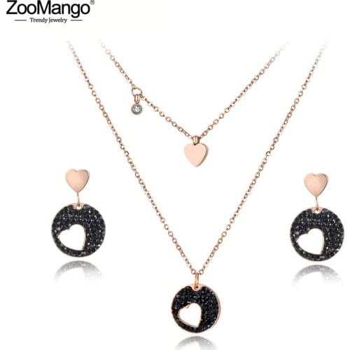 ZooMango Classic CZ Crystal Heart Choker Necklaces & Earrings Jewelry Sets Pave Setting Rhinestone Stainless Steel Female ZSE011