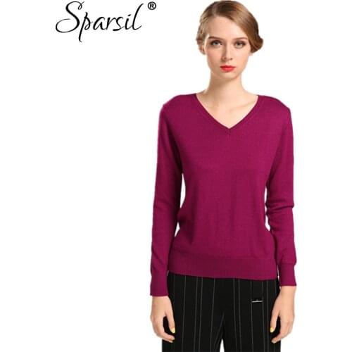Sparsil Women Autumn Winter Cashmere Blend Sweater V-Neck Pullovers Long Sleeve Jumpers Womens Knitted Sweaters16 Colors S-XXL