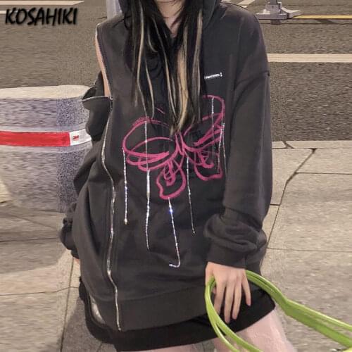KOSAHIKI Hoodies Women Loose Print Butterfly beading Female Sweatshirts vintage zipper off shoulder Harajuku All-match Clothing