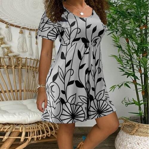 Summer 2021 New Female Dress Sexy Fashion Casual Short-sleeved Large Size Round Neck Printing Comfortable Loose Wild Dress