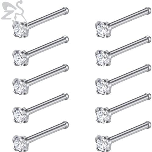 ZS 10pcs/lot 316L Stainlee Steel Nose Rings for Women CZ Body Piercing Tongue Eyebrow Nose Ring Lip Pin Piercing Jewelry