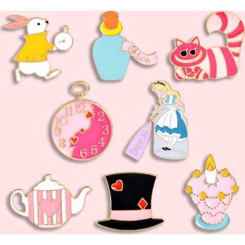 11 Style New Cute Cat Castle Hat Rabbit Cake Crown Watch Teapot Alice Metal Enamel Brooch Pin Accessories Wholesale
