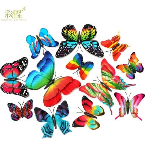 12pcs/lot Bistratal 3D Artificial Butterfly Wall Stikcer Pin Clip Plastic Butterfly Clothing Curtain Home Party Deco Supply