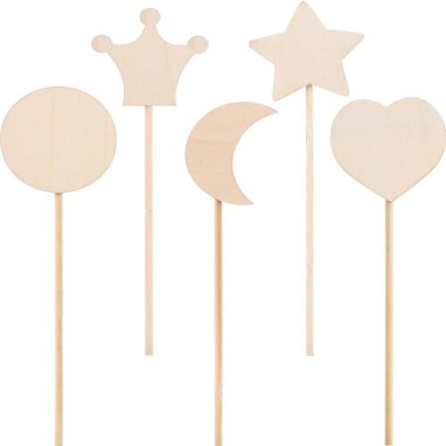 2pcs Wooden Moon Heart Crown Five-pointed Star Children Toys DIY Baby Wood Magic Wands Rod Rodent Toy For Girl Boys Kids