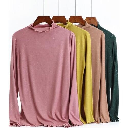 2020 Women Spring Solid Model Ruffles Half Turtleneck Long Sleeve Cotton T-shirt Slim Harajuku Tops Camiseta Mujer T Shirts A98