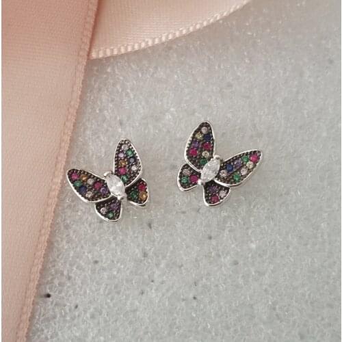 925 Sterling Sver Butterfly Stud Earring With Mix Zircounium Pplated Rhodium