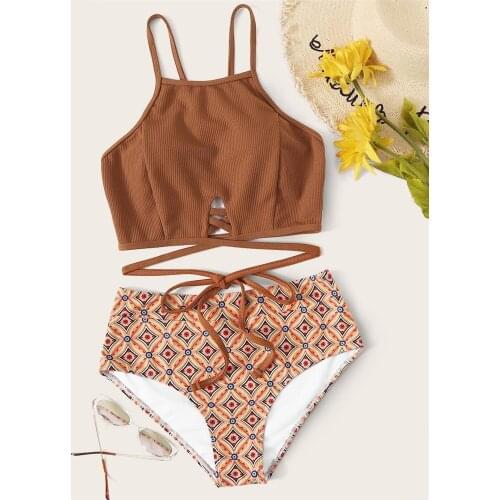 Brwon String High Waist Bikinis 2021 Mujer Print Thong Swimwear Women Swimsuit Bathing Suit Two Piece Bikini Top Set Swim Wear
