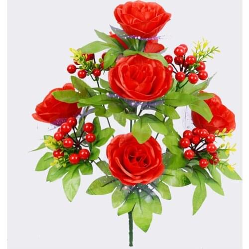 Artificial Flowers Bouquet 6 Rose Flowers with 5 Small Red Fruits Fake Flower Home Decor for DIY Wedding Home Garden Decoration
