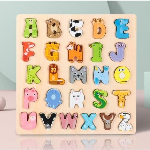 Baby Montessori Wooden Puzzle Hand Grab Board Educational Toys Infantil Cartoon Animal Alphabet number letter Puzzle kids Gift