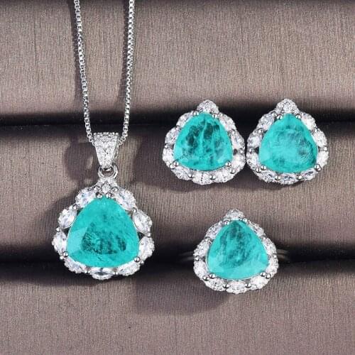 Designer original new silver inlaid light green crystal geometric adjustable ring earrings necklace pendant exquisite set