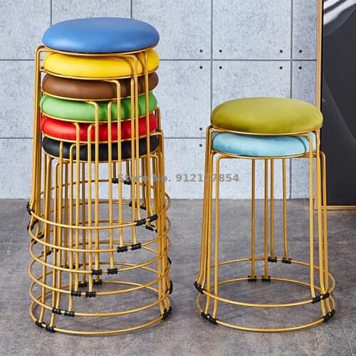 Home Dining Stool Light Luxury Net Red Steel Bar Stool Thicken High Round Stool Fabric Stool Golden Adult Bench