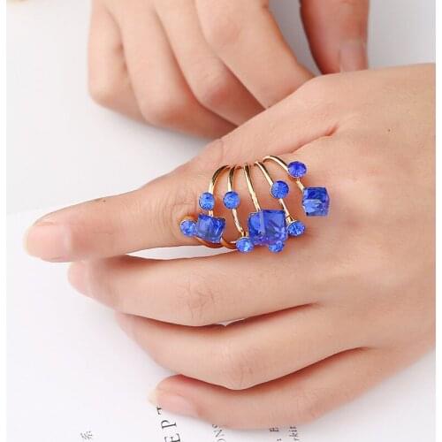 Crystal Zircon Ring Exaggerated Large Long Spring Ring Women Adjustable Rhinestone Jewelry Elegant Punk Gold Colors