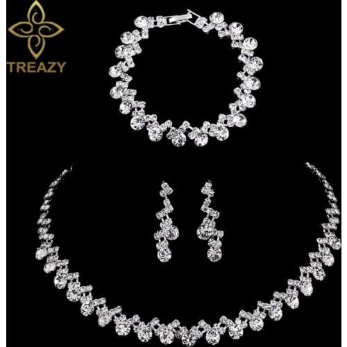 TREAZY Sparkling Crystal Bridal Jewelry Sets Silver Color Choker Necklace Earrings Bracelet Set for Women Wedding Jewelry Set