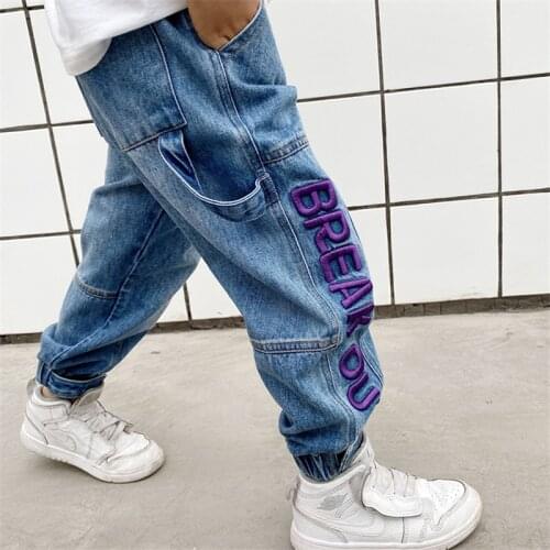 Cowboy Kids Boys Jeans Blue Letter Embroidery Warm Denim pants 4 5 6 7 8 9 10 11 12 Years Childrens Clothing Hip hop Boys jeans